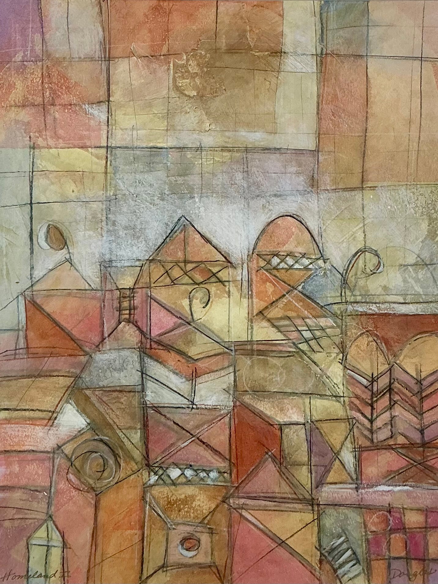 John Douglas Homeland I Abstract Cityscape Mixed Media in Gold Frame