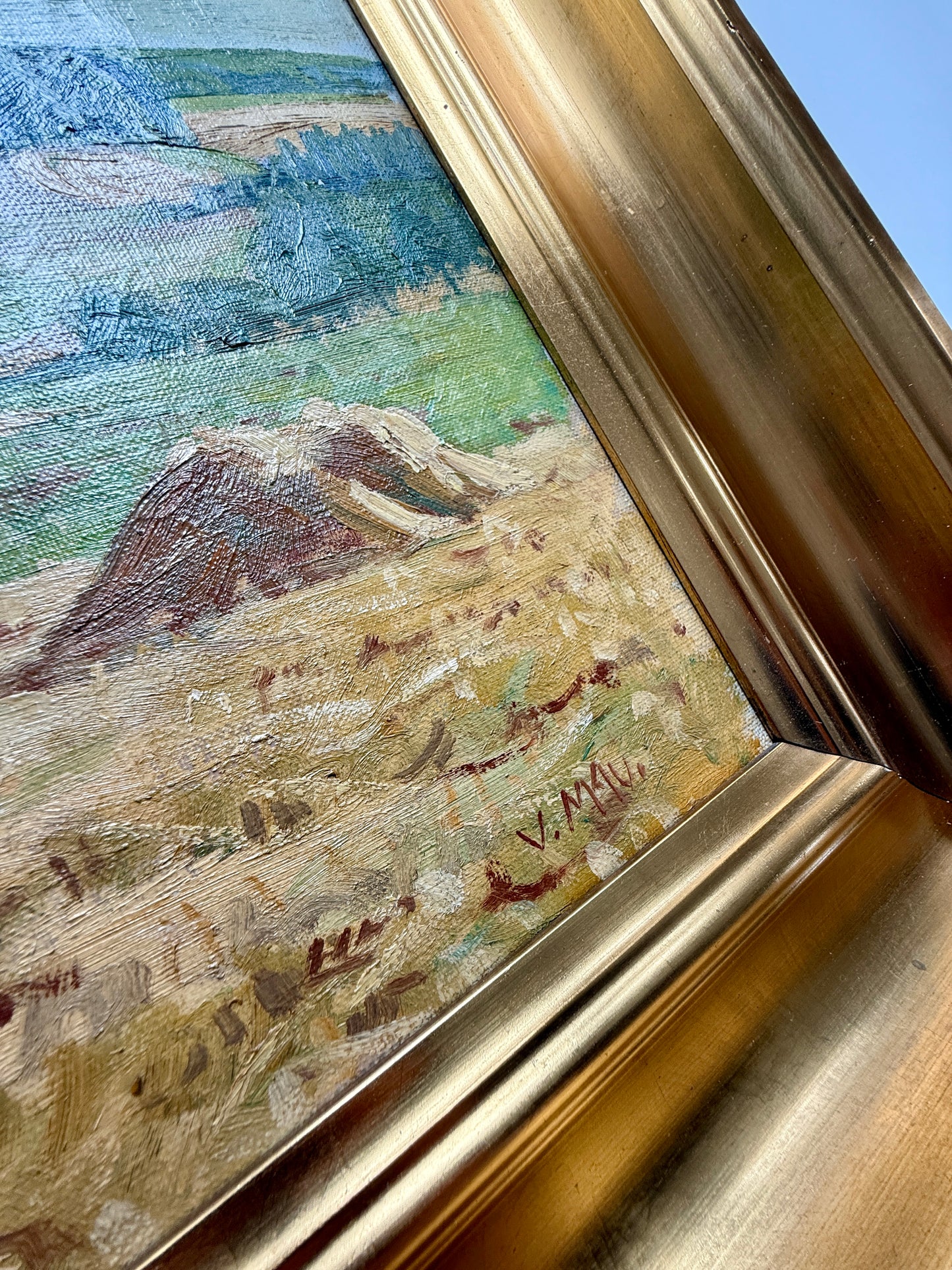 Mid Century Hay Field Sprawling Farm Landscape Oil Painting in Gold Frame
