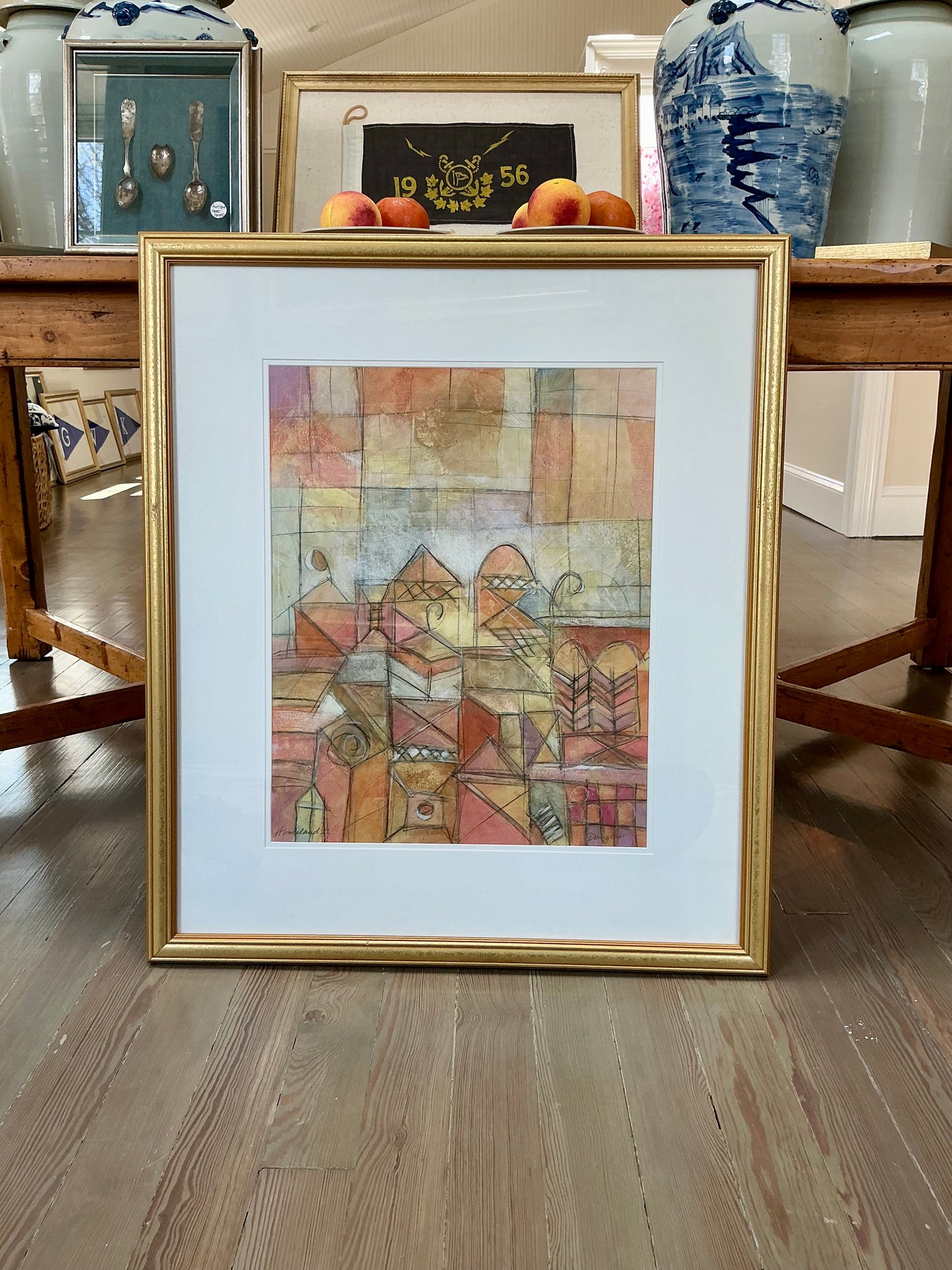 John Douglas Homeland I Abstract Cityscape Mixed Media in Gold Frame