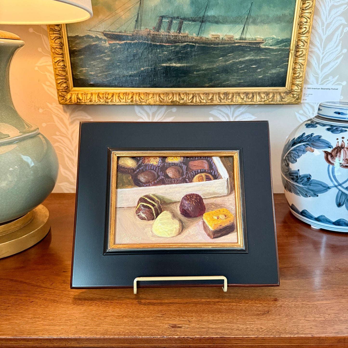 Youqing Wang Box of Chocolates Still Life Oil Painting in Black and Gold Frame