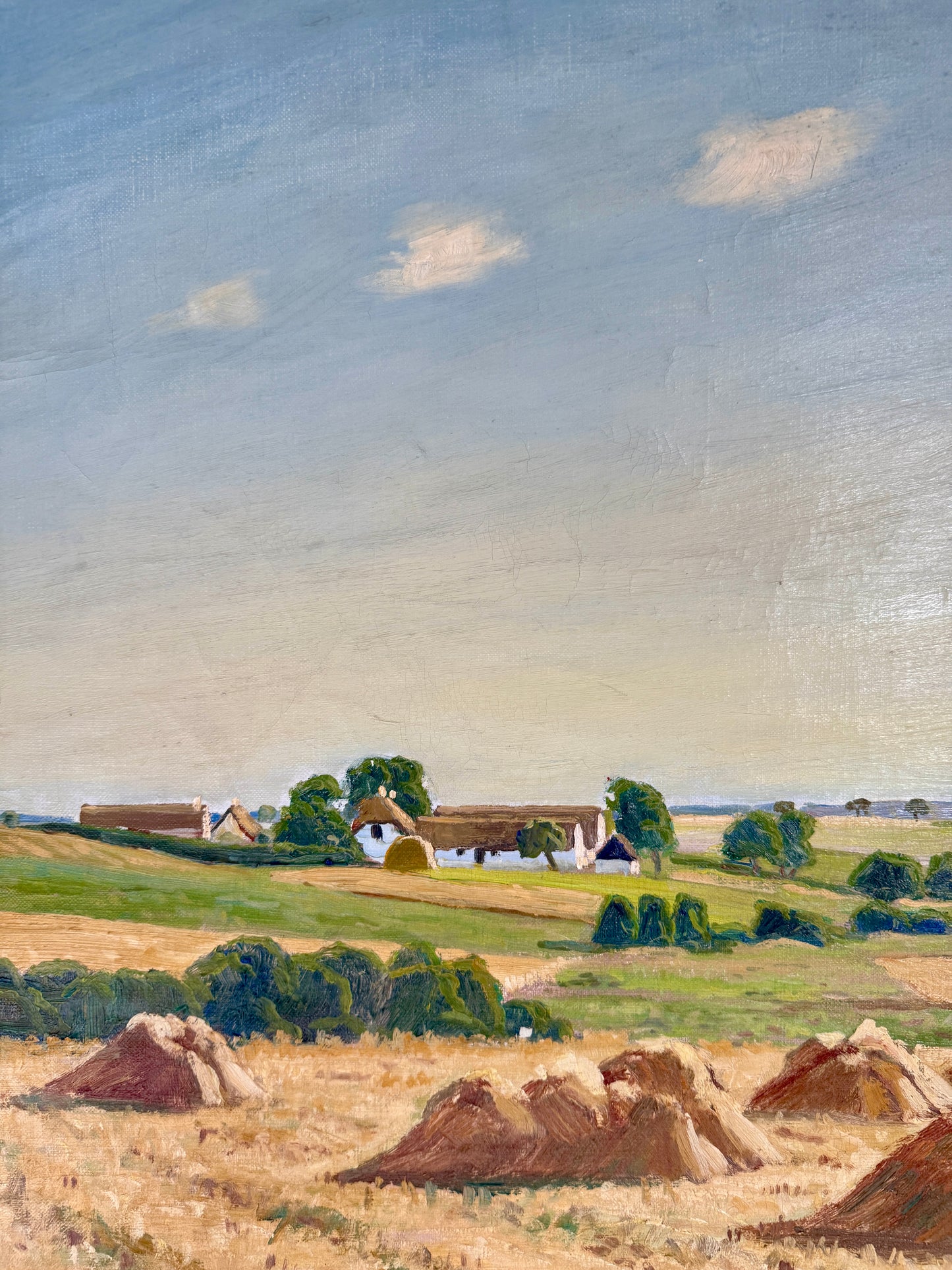 Mid Century Hay Field Sprawling Farm Landscape Oil Painting in Gold Frame