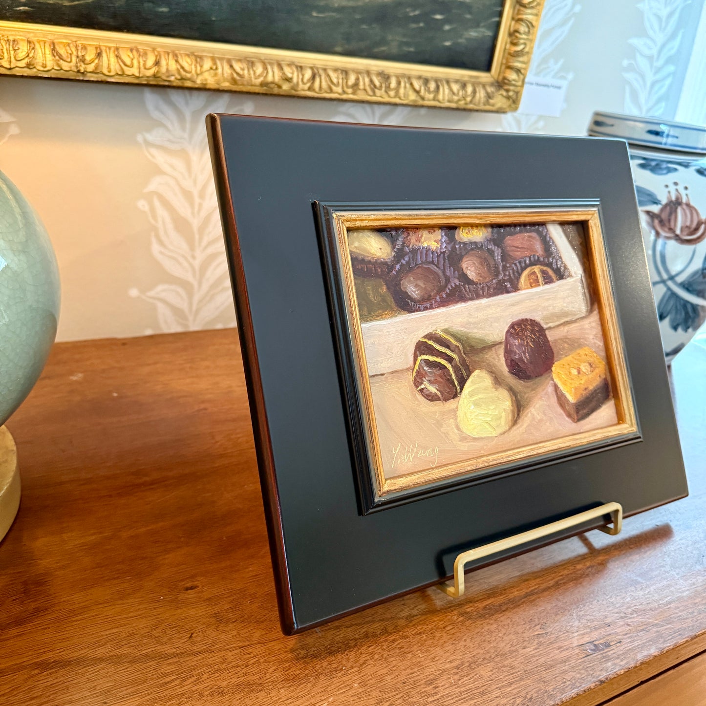 Youqing Wang Box of Chocolates Still Life Oil Painting in Black and Gold Frame