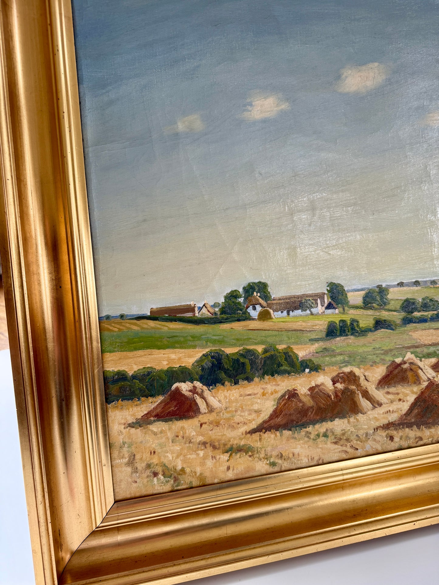 Mid Century Hay Field Sprawling Farm Landscape Oil Painting in Gold Frame
