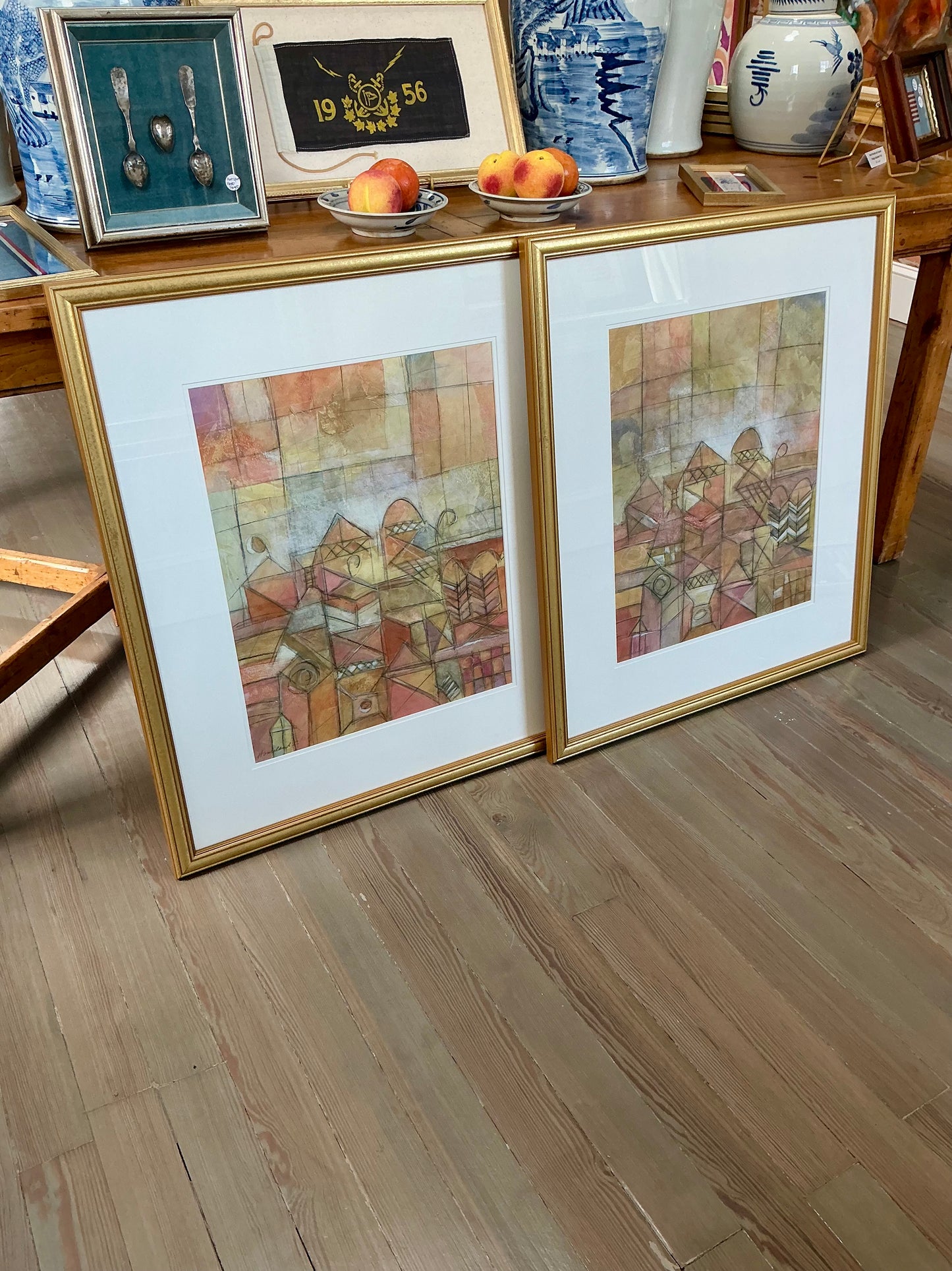 John Douglas Homeland II Abstract Cityscape Mixed Media in Gold Frame