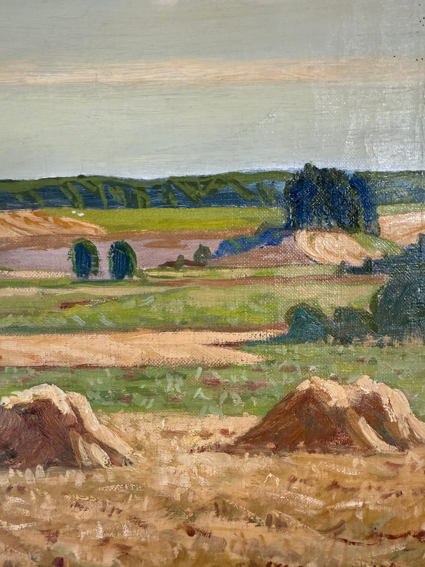 Mid Century Hay Field Sprawling Farm Landscape Oil Painting in Gold Frame