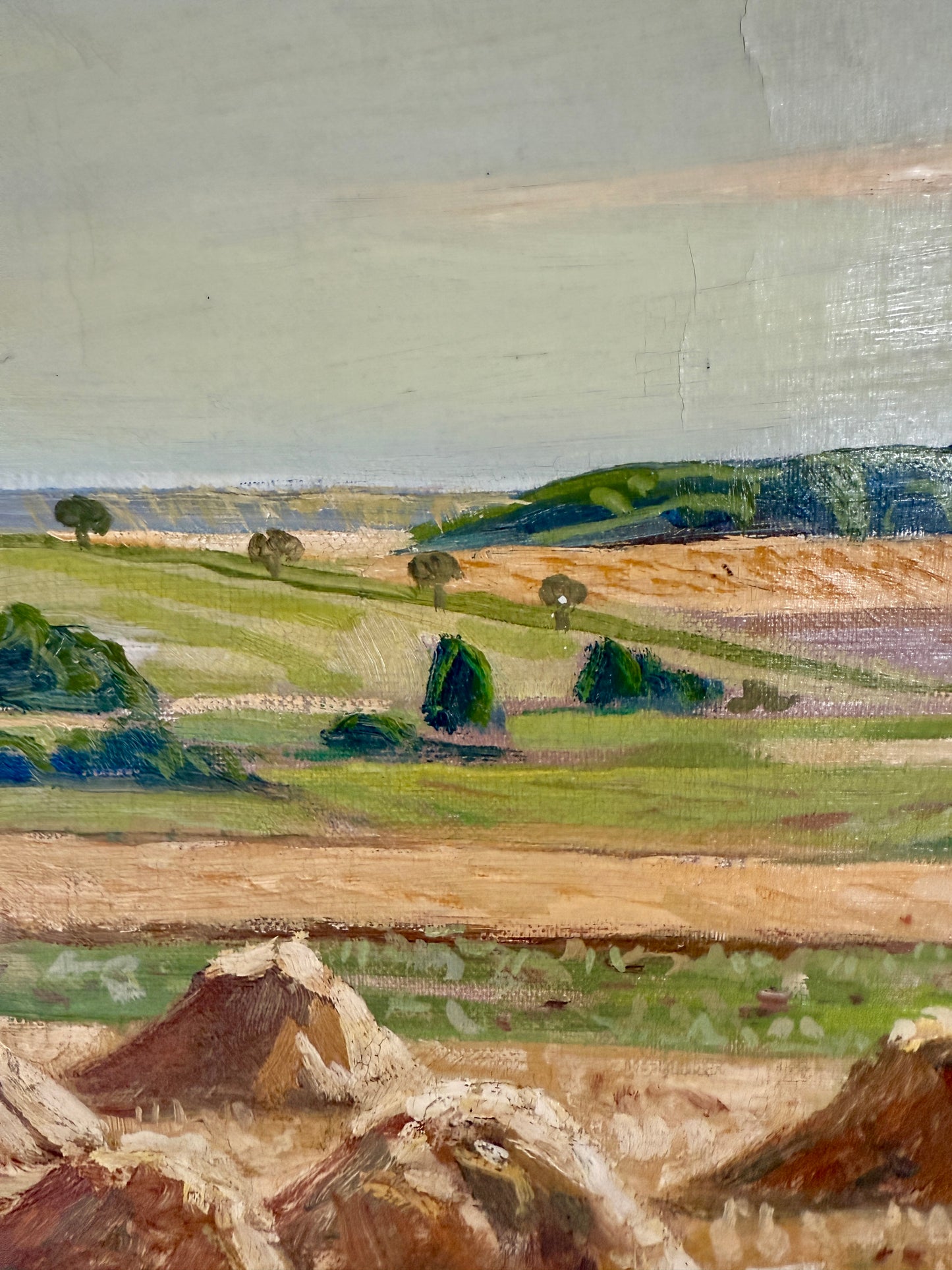 Mid Century Hay Field Sprawling Farm Landscape Oil Painting in Gold Frame