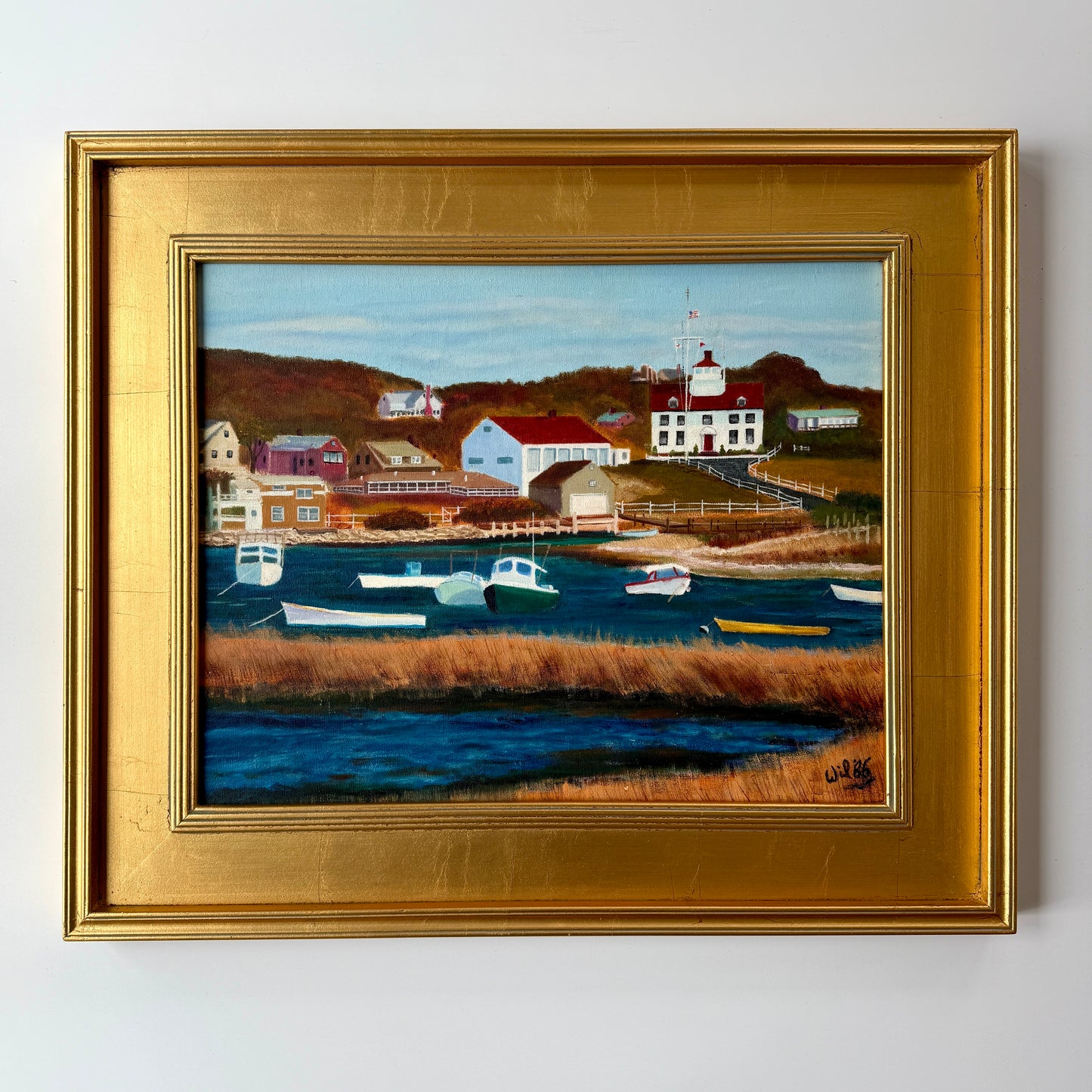 Vintage Martha's Vineyard Menemsha Harbor View Folk Painting in Gold Frame