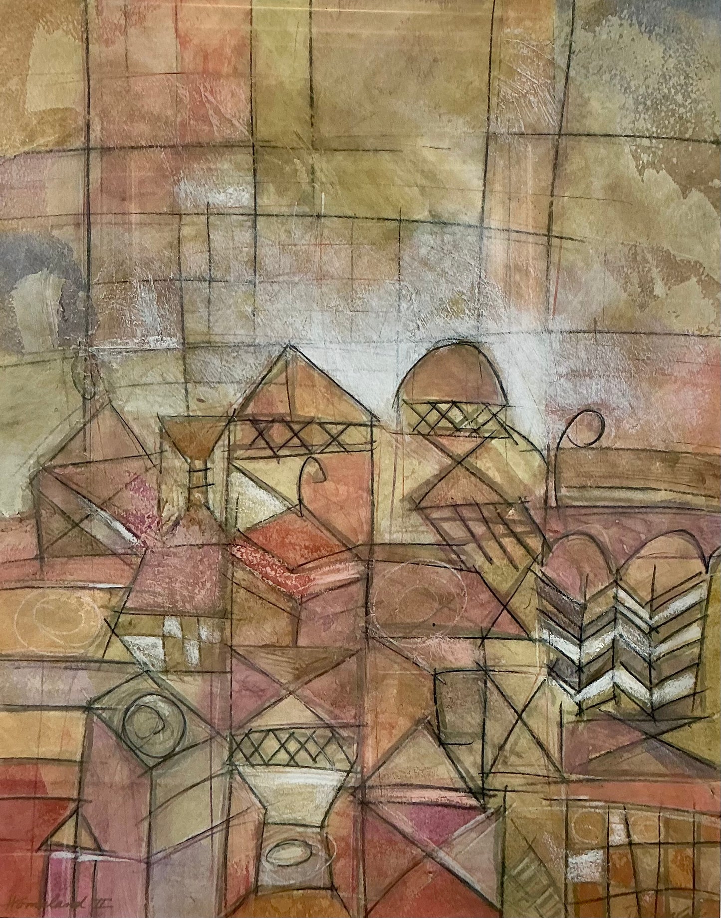 John Douglas Homeland II Abstract Cityscape Mixed Media in Gold Frame