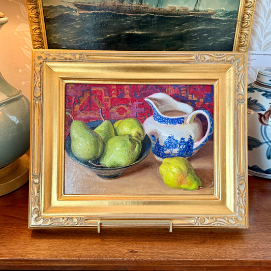 Youqing Wang Pears and Blue and White Pitcher Against Persian Rug Still Life Oil Painting in Gold Frame