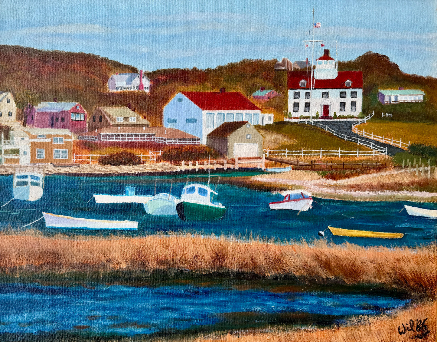Vintage Martha's Vineyard Menemsha Harbor View Folk Painting in Gold Frame