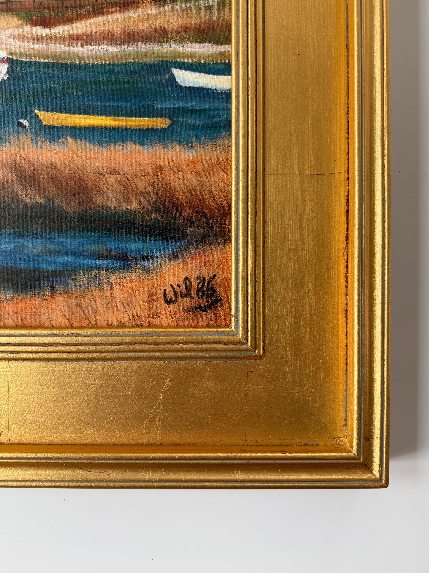 Vintage Martha's Vineyard Menemsha Harbor View Folk Painting in Gold Frame