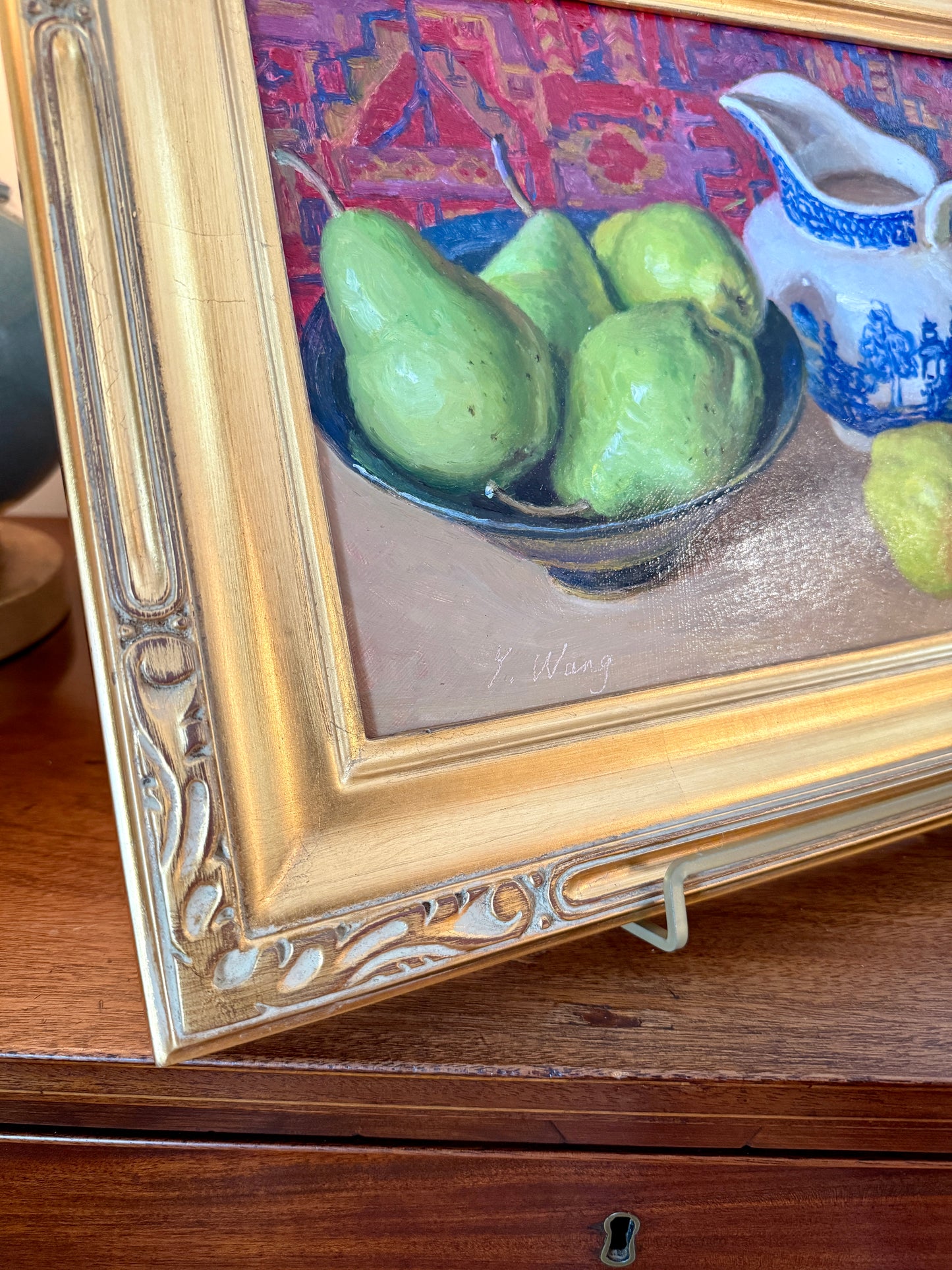 Youqing Wang Pears and Blue and White Pitcher Against Persian Rug Still Life Oil Painting in Gold Frame