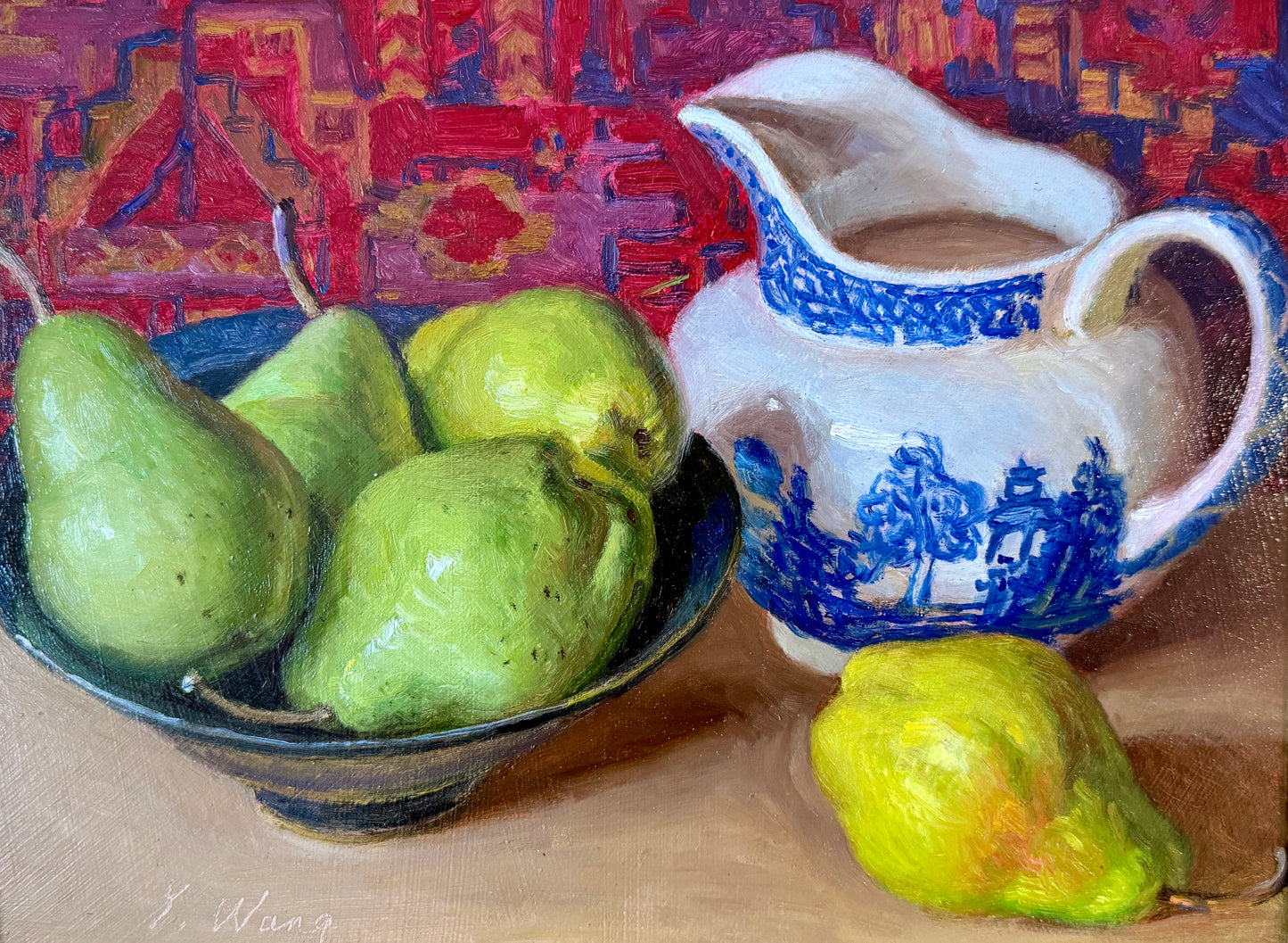 Youqing Wang Pears and Blue and White Pitcher Against Persian Rug Still Life Oil Painting in Gold Frame