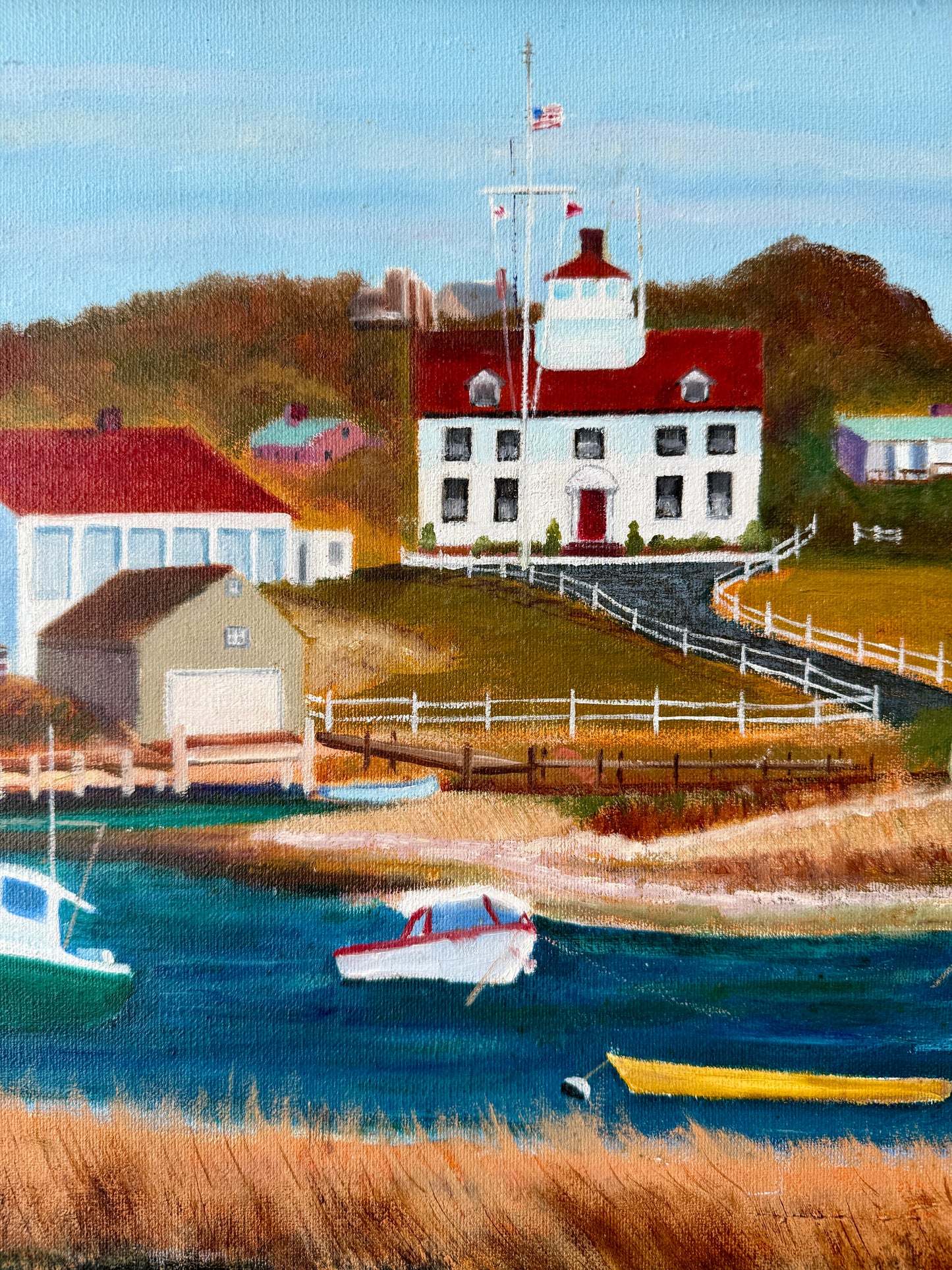 Vintage Martha's Vineyard Menemsha Harbor View Folk Painting in Gold Frame