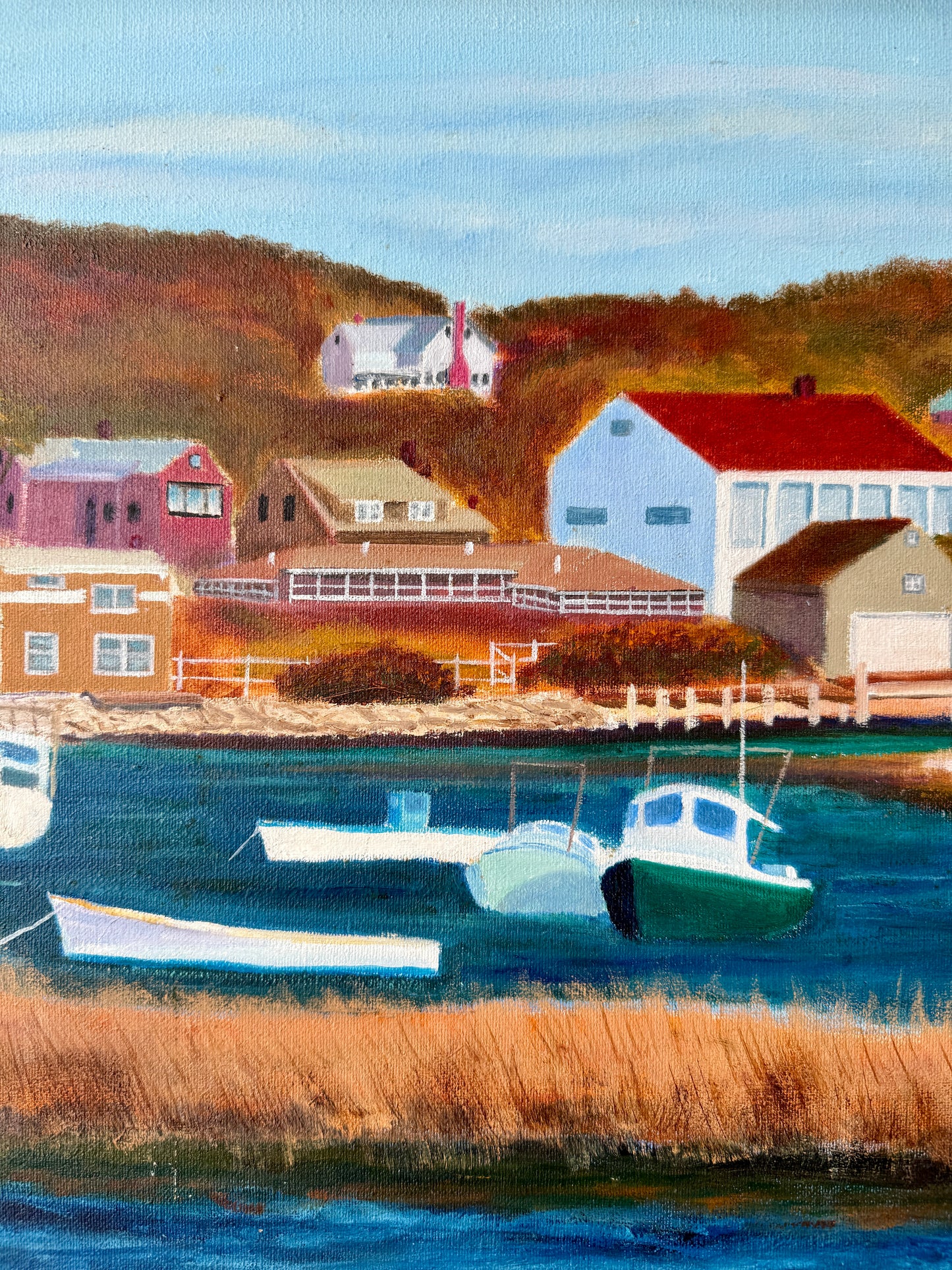 Vintage Martha's Vineyard Menemsha Harbor View Folk Painting in Gold Frame
