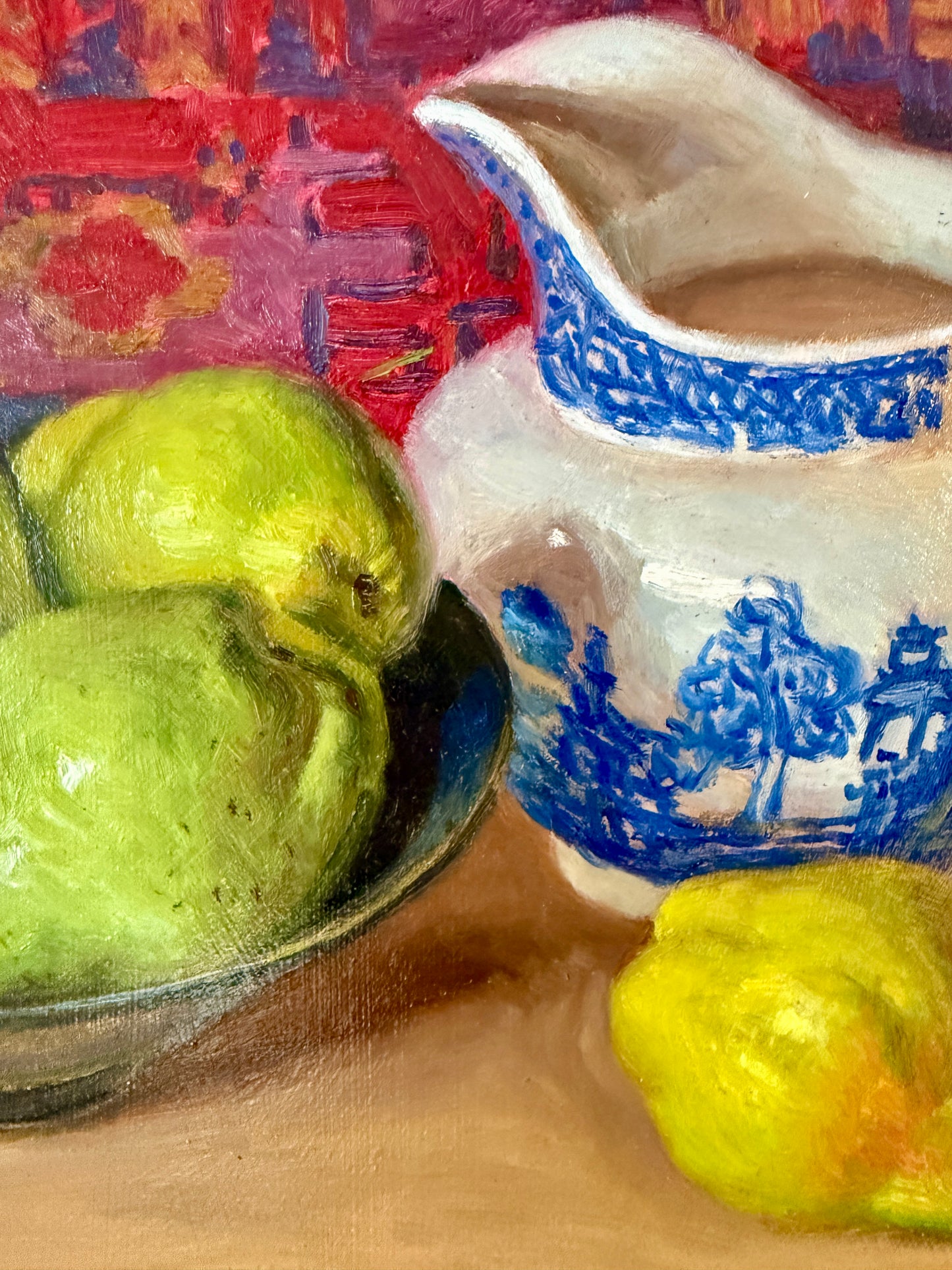 Youqing Wang Pears and Blue and White Pitcher Against Persian Rug Still Life Oil Painting in Gold Frame