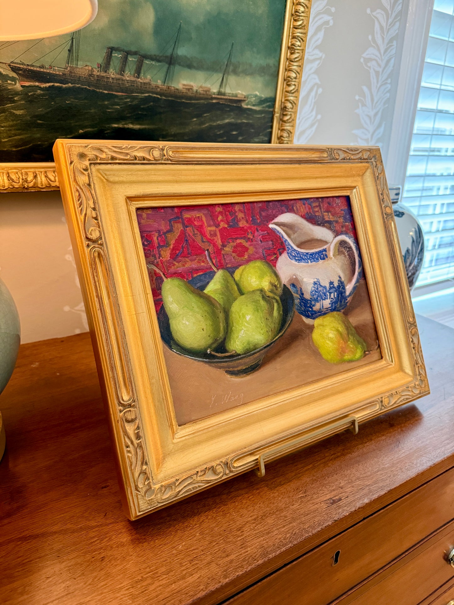Youqing Wang Pears and Blue and White Pitcher Against Persian Rug Still Life Oil Painting in Gold Frame