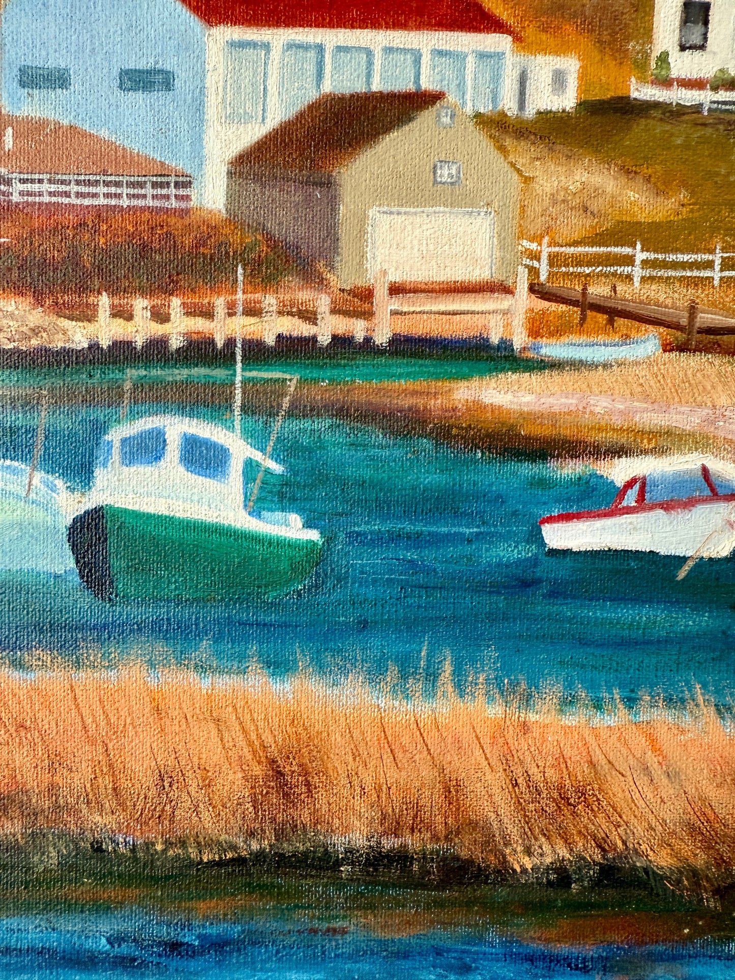 Vintage Martha's Vineyard Menemsha Harbor View Folk Painting in Gold Frame