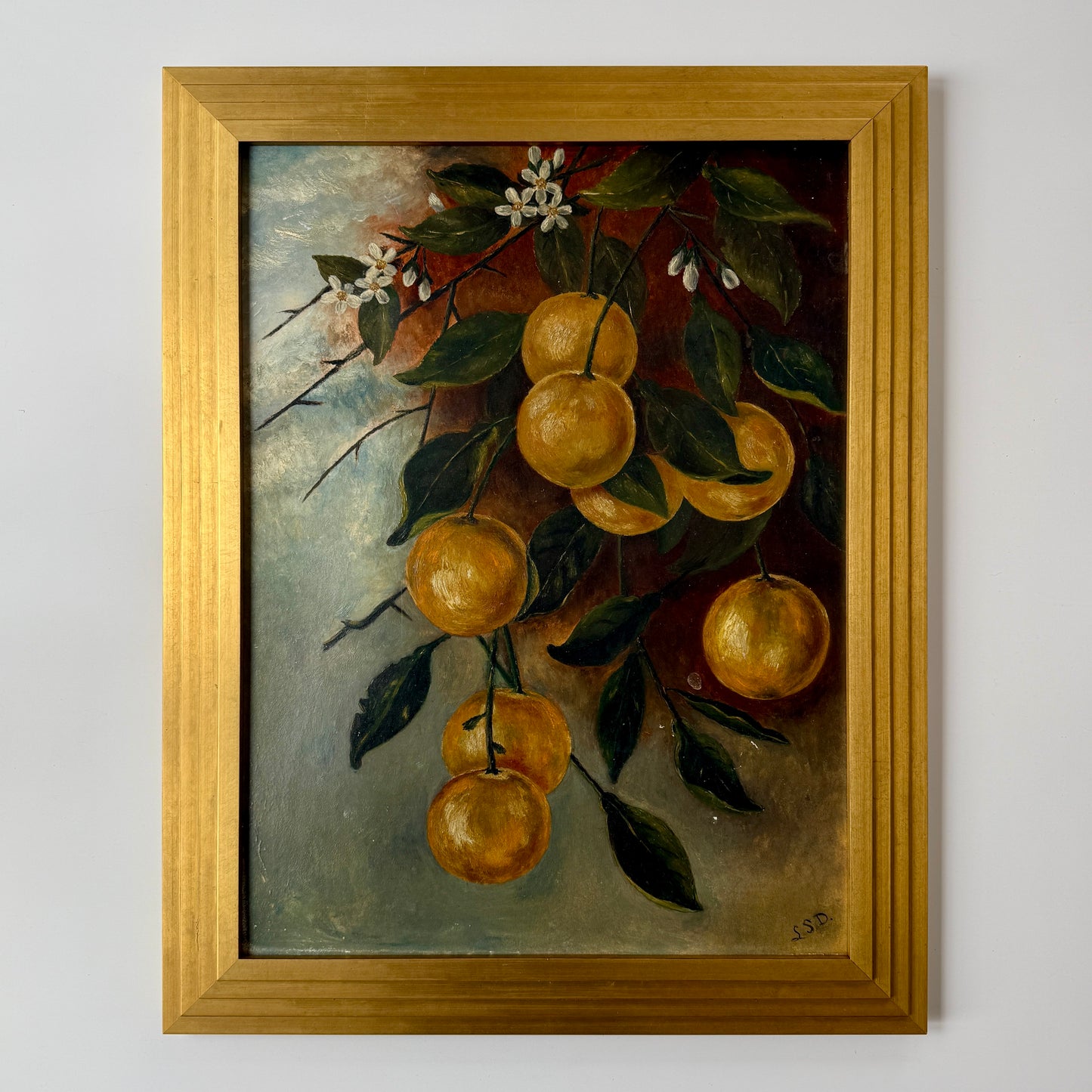 Early 20th Century Citrus Tree Branches Oil Painting in Gold Frame