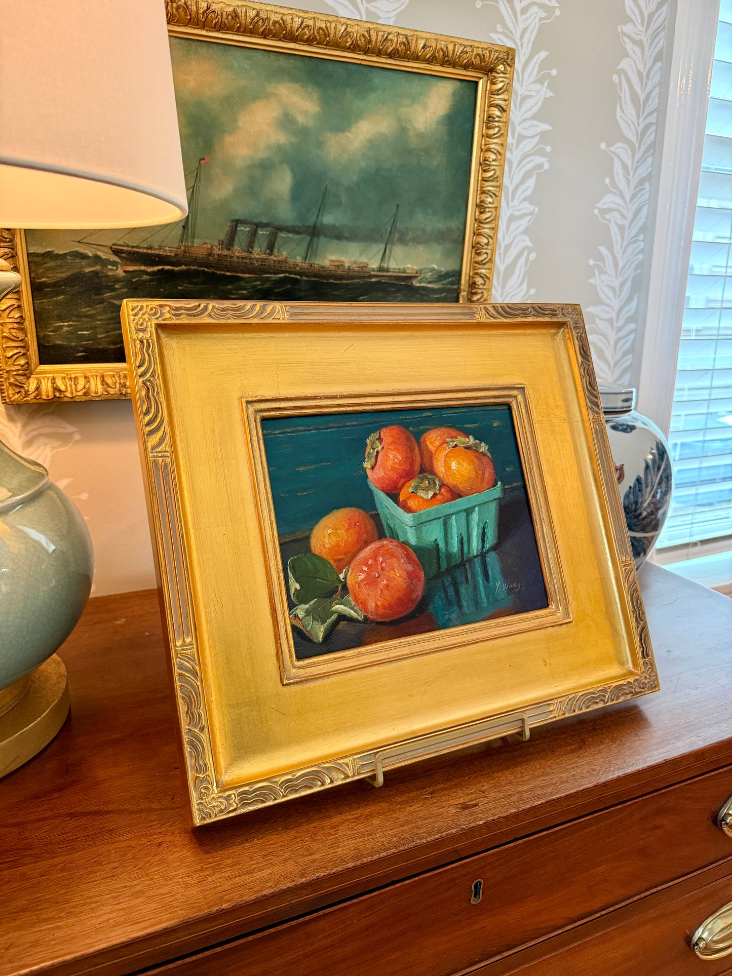 Youqing Wang Persimmons in Green Basket Still Life Oil Painting in Gold Frame