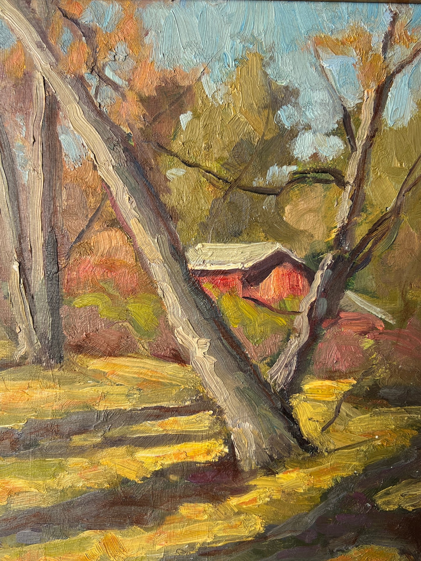 Vintage Impressionist Red Barn Landscape in Ornate Gold Frame