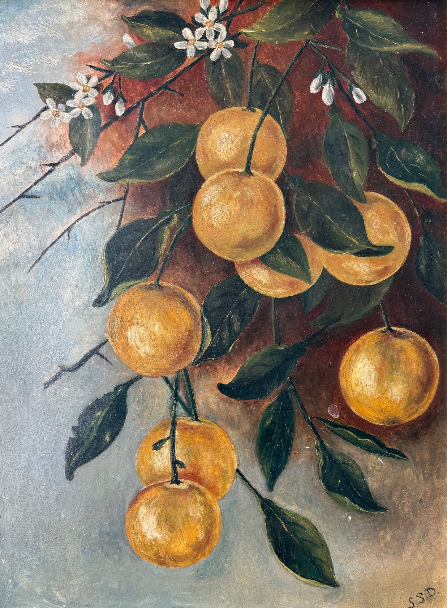 Early 20th Century Citrus Tree Branches Oil Painting in Gold Frame