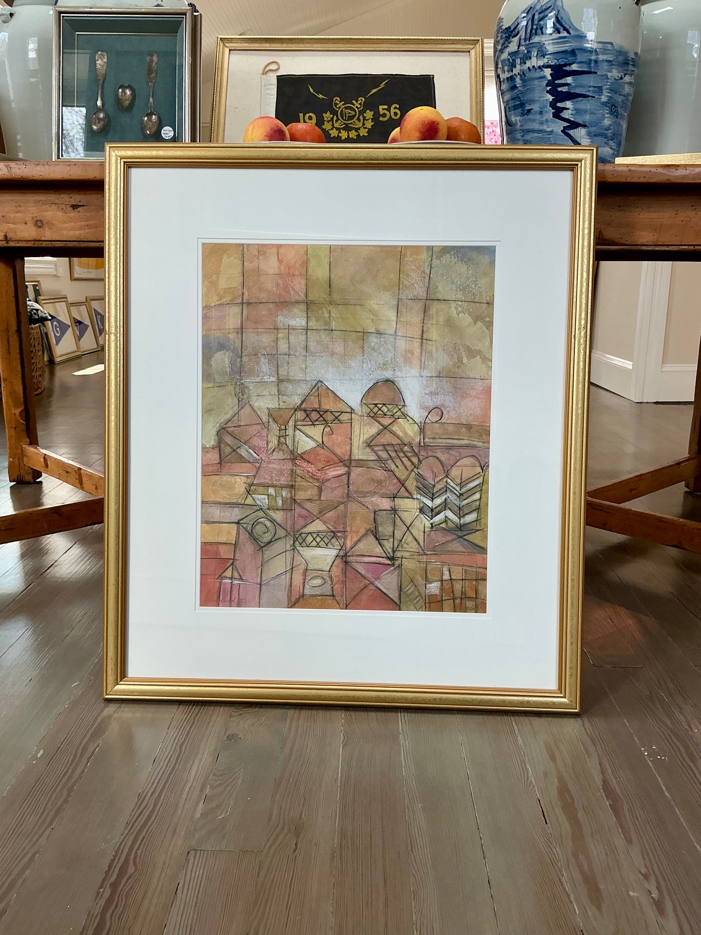 John Douglas Homeland II Abstract Cityscape Mixed Media in Gold Frame