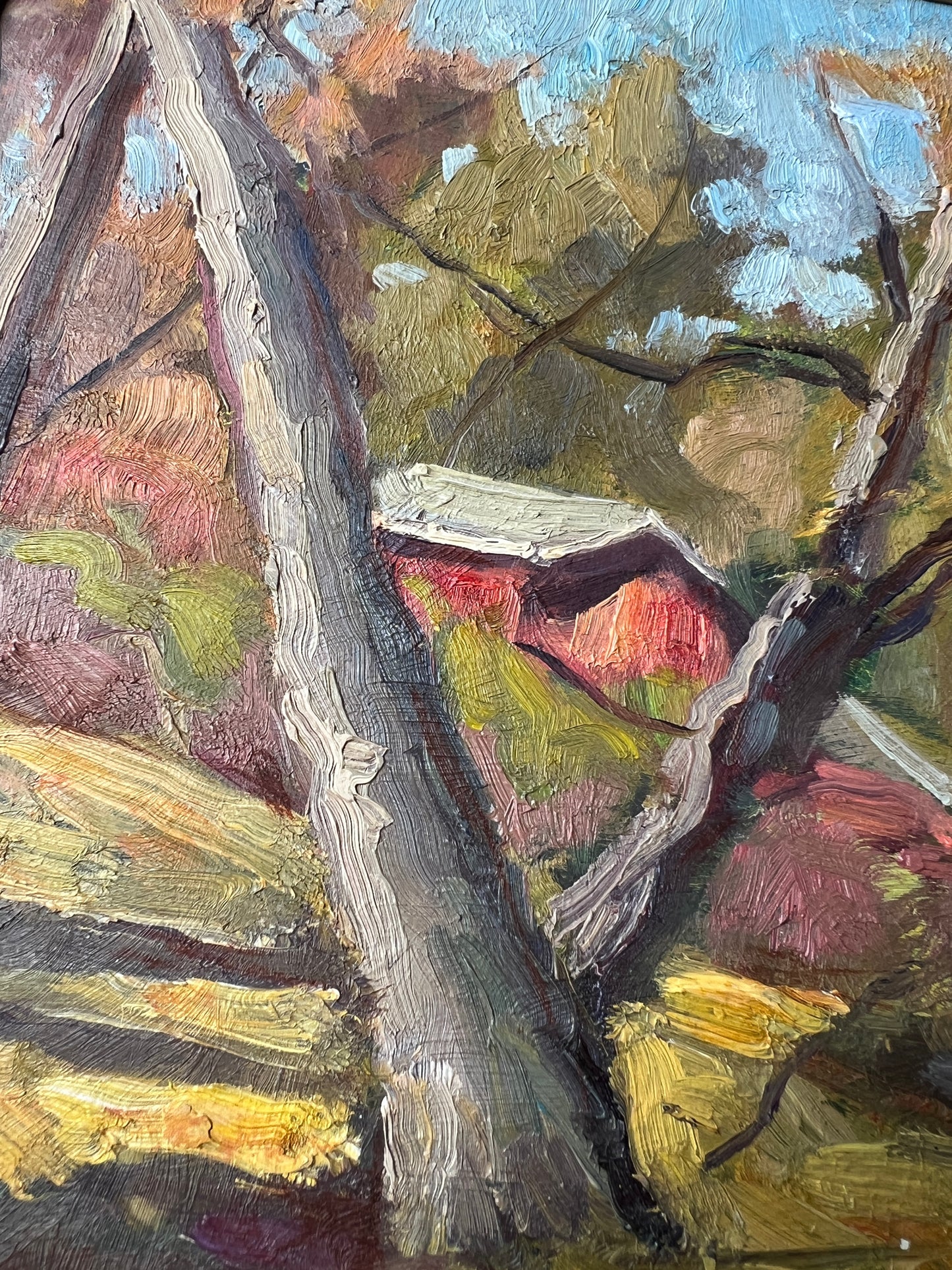 Vintage Impressionist Red Barn Landscape in Ornate Gold Frame