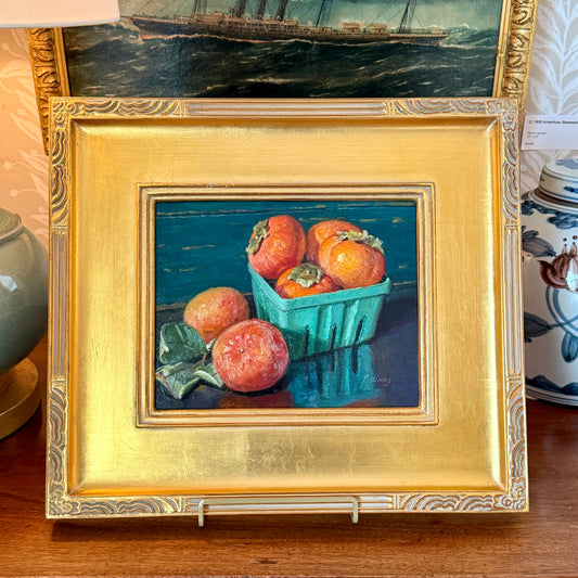 Youqing Wang Persimmons in Green Basket Still Life Oil Painting in Gold Frame