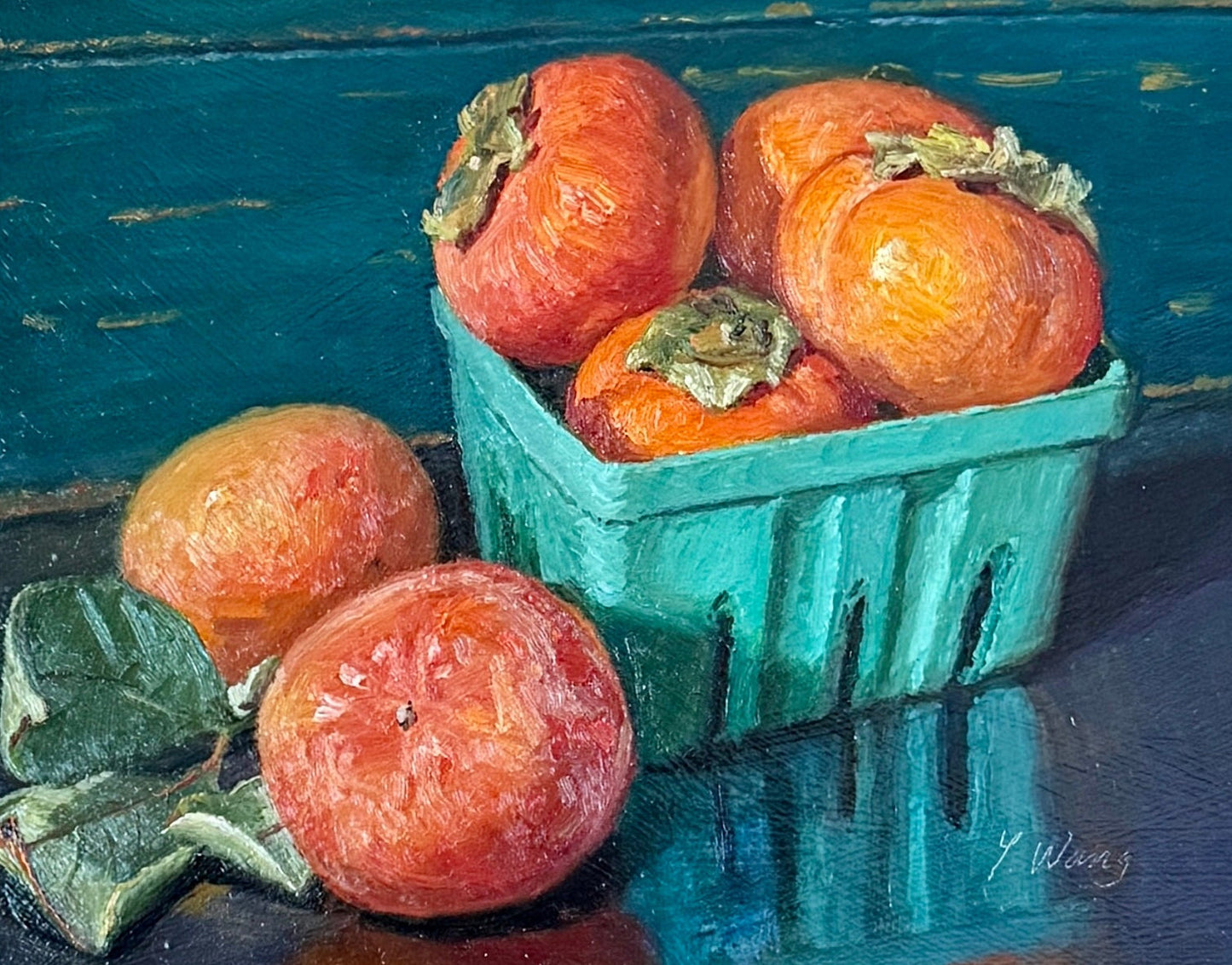 Youqing Wang Persimmons in Green Basket Still Life Oil Painting in Gold Frame