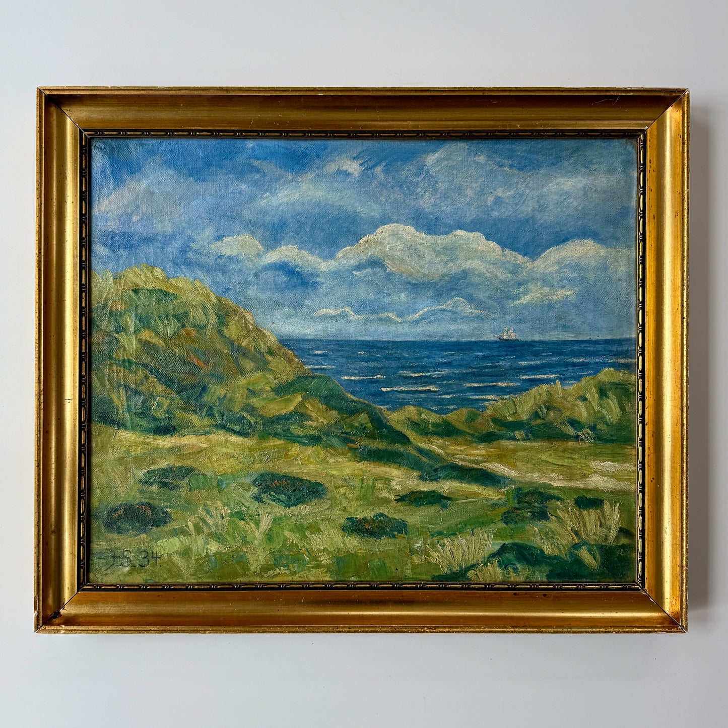 1934 Impressionist Coastal Landscape Seascape Oil Painting with Sailboat in Gold Frame