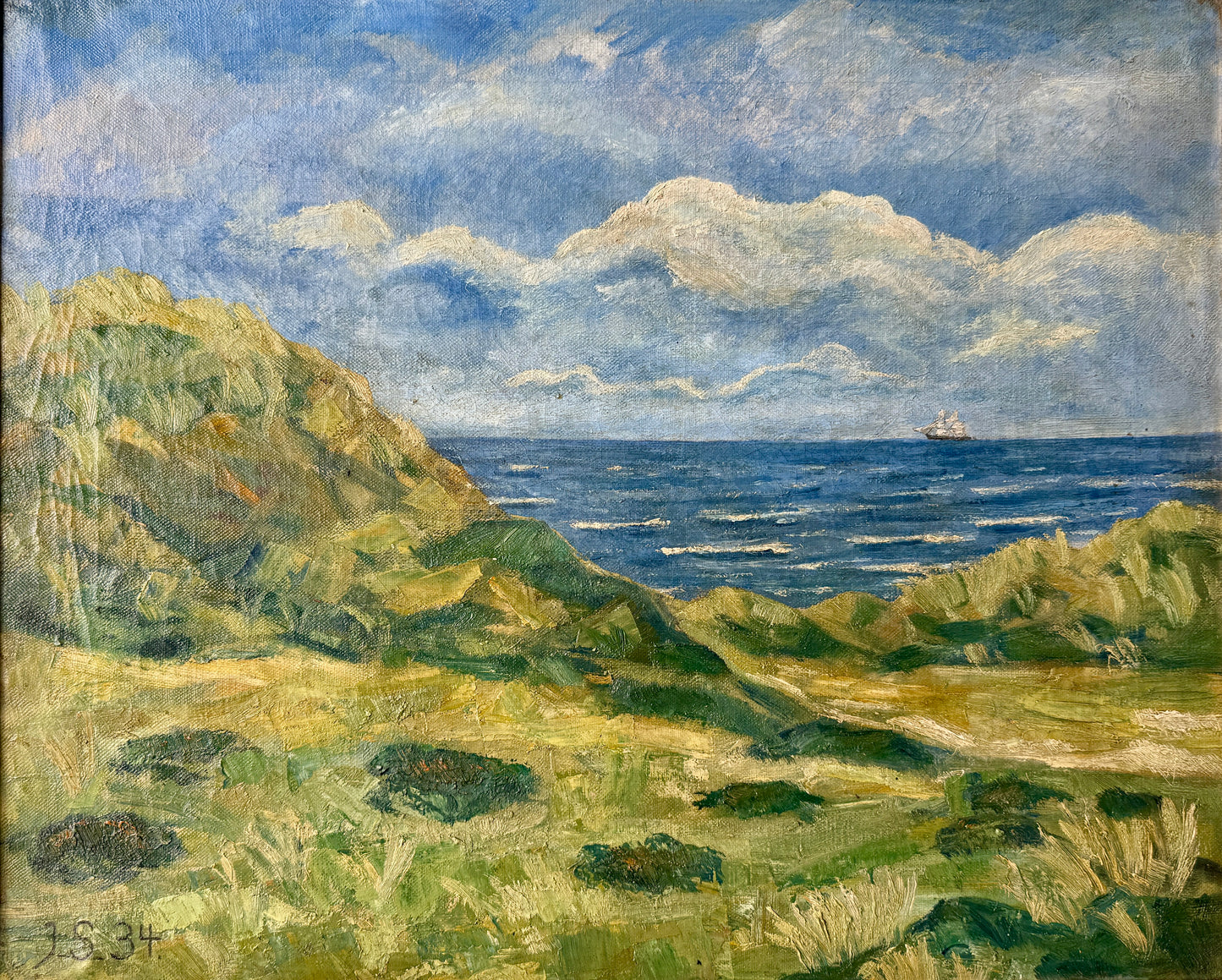 1934 Impressionist Coastal Landscape Seascape Oil Painting with Sailboat in Gold Frame