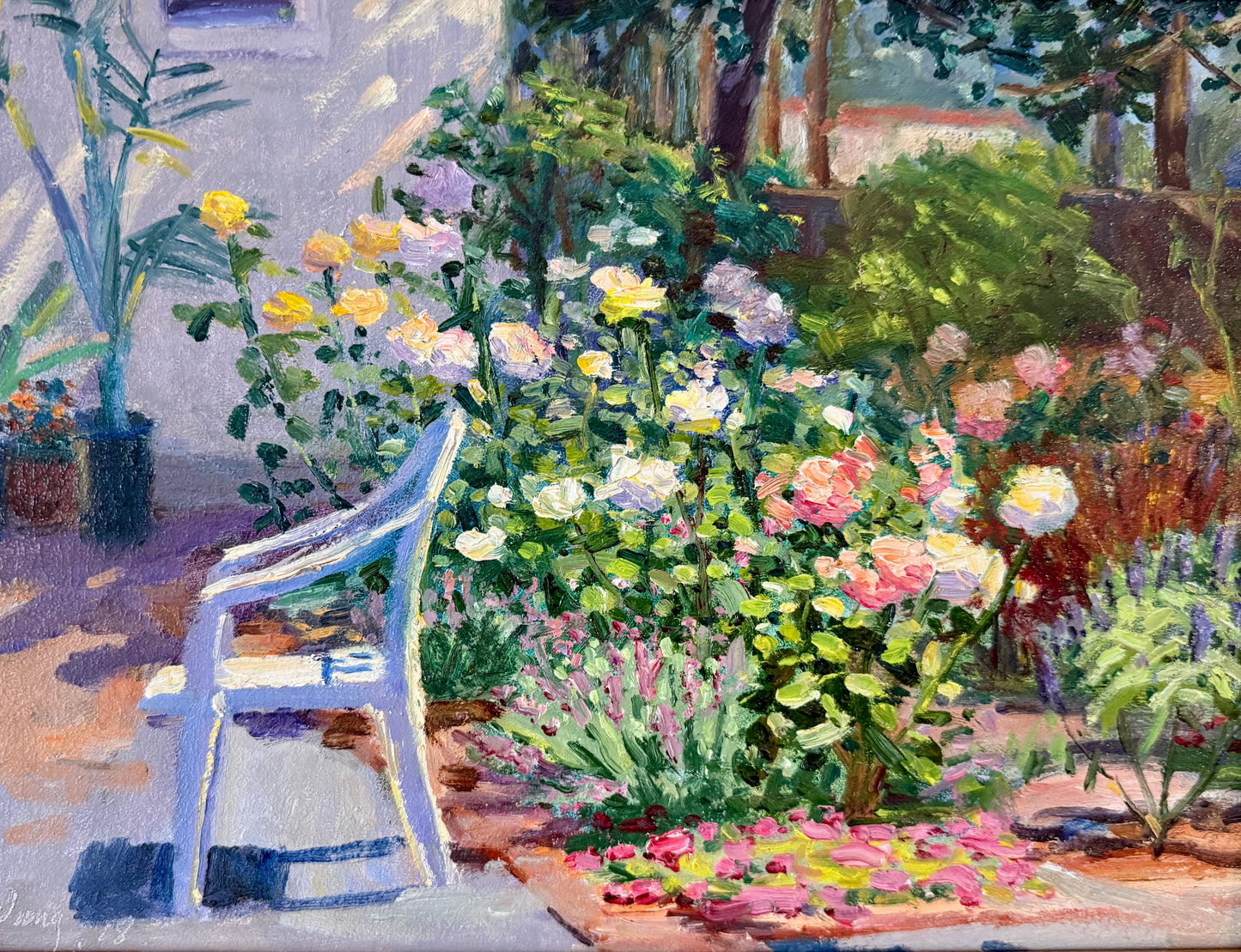 Youqing Wang A Seat in the Garden Oil Painting in Gold Frame