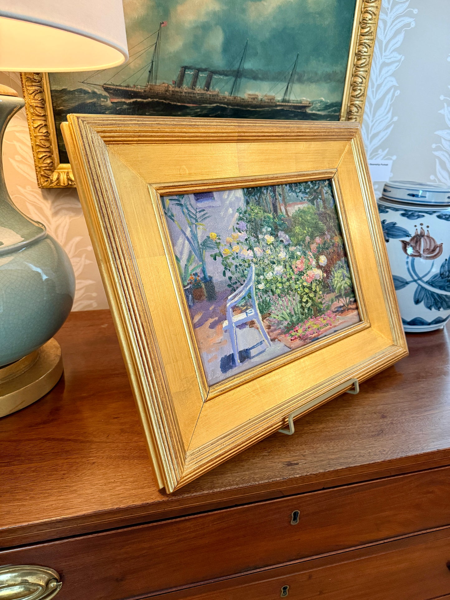 Youqing Wang A Seat in the Garden Oil Painting in Gold Frame