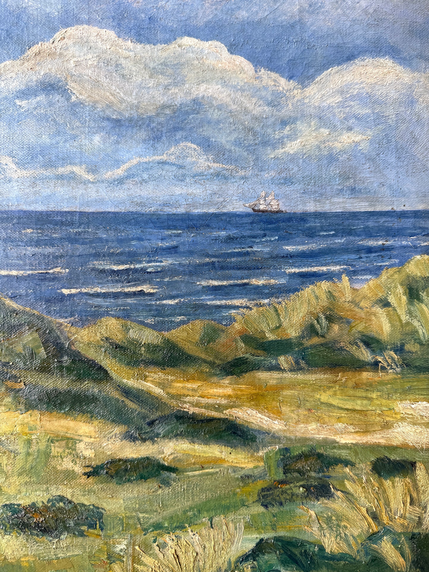 1934 Impressionist Coastal Landscape Seascape Oil Painting with Sailboat in Gold Frame