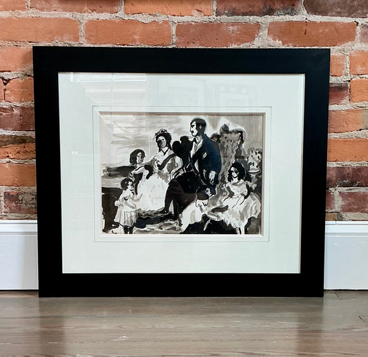 Richard Derby Tucker Modernist Family Portrait Tonal Ink and Watercolor Painting in Black Frame