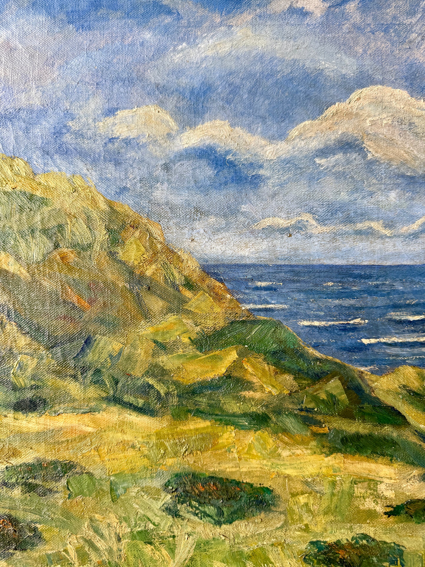 1934 Impressionist Coastal Landscape Seascape Oil Painting with Sailboat in Gold Frame