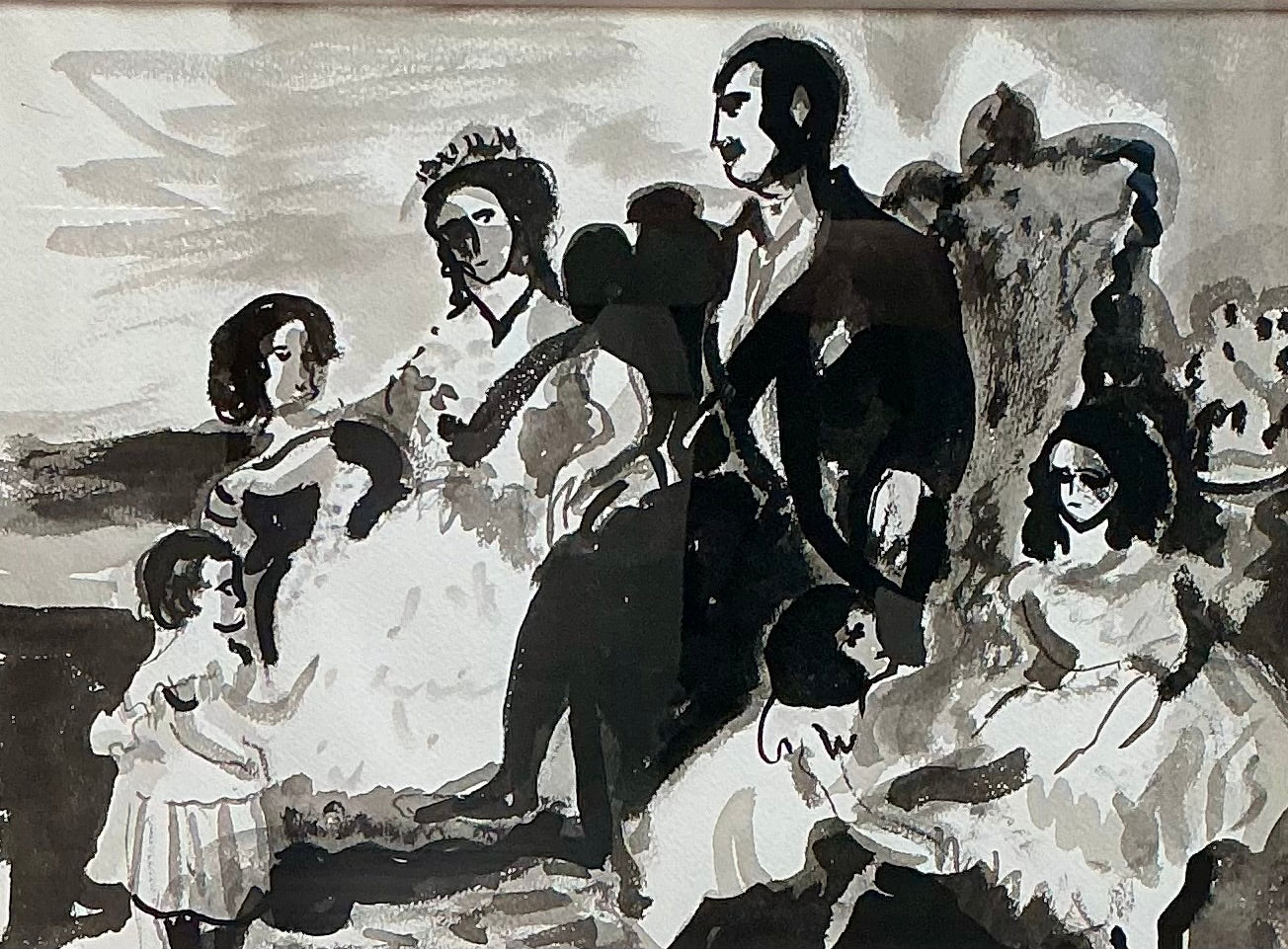 Richard Derby Tucker Modernist Family Portrait Tonal Ink and Watercolor Painting in Black Frame