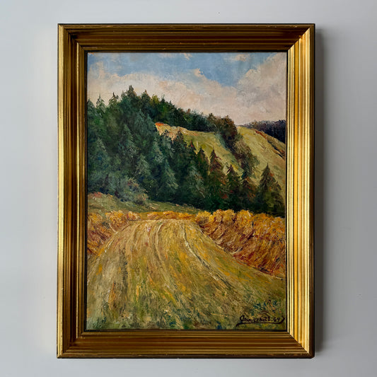 1964 Hillside Evergreen Landscape Oil Painting in Gold Frame