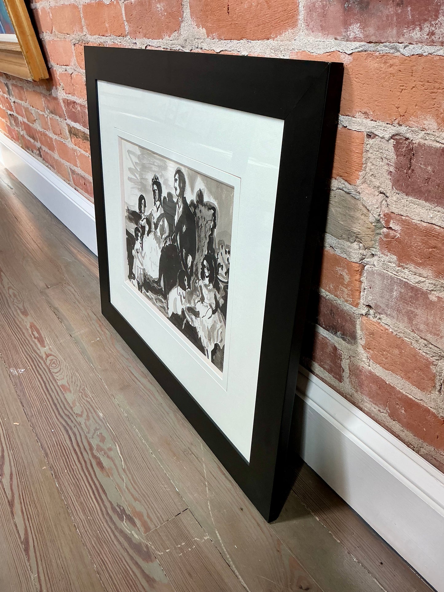 Richard Derby Tucker Modernist Family Portrait Tonal Ink and Watercolor Painting in Black Frame