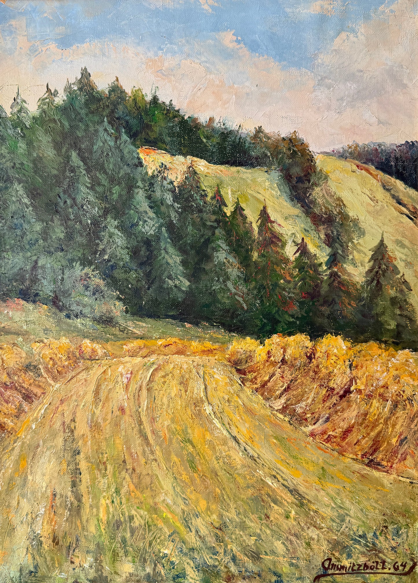 1964 Hillside Evergreen Landscape Oil Painting in Gold Frame
