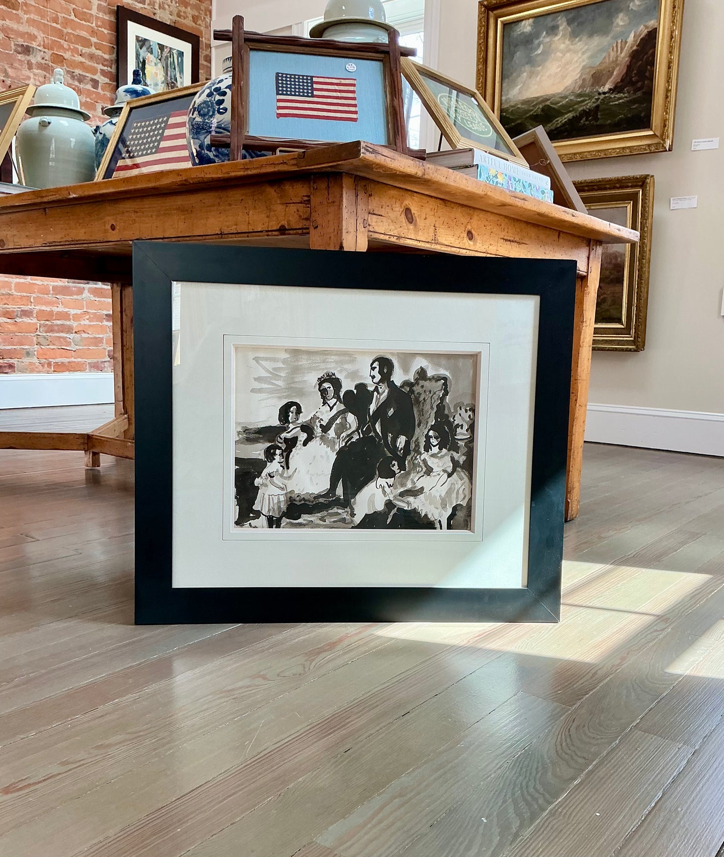 Richard Derby Tucker Modernist Family Portrait Tonal Ink and Watercolor Painting in Black Frame