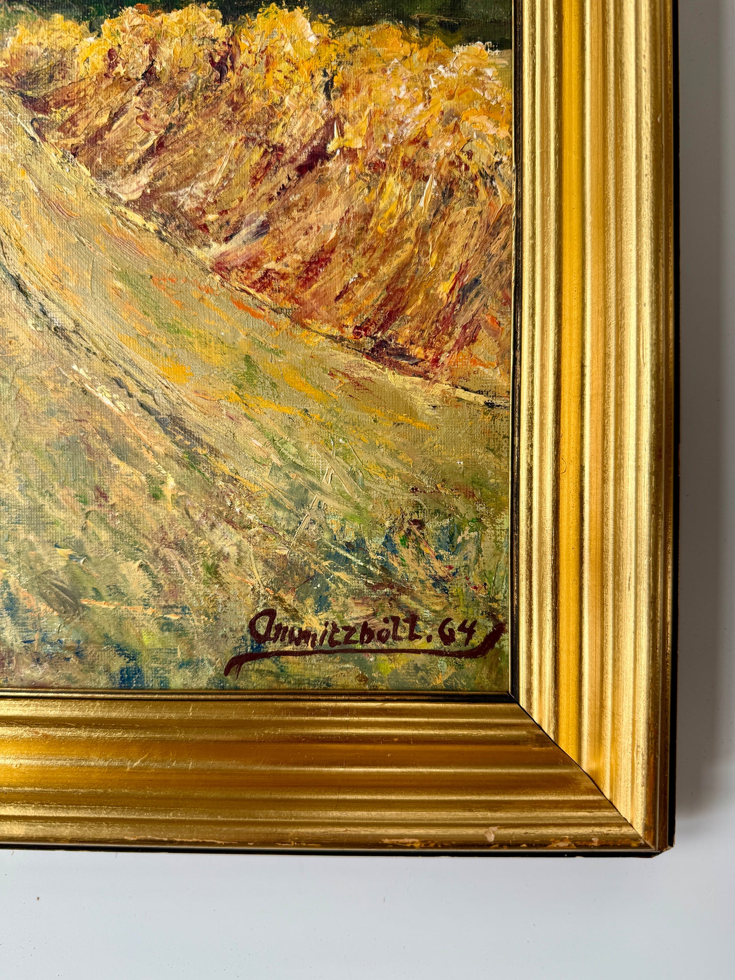 1964 Hillside Evergreen Landscape Oil Painting in Gold Frame