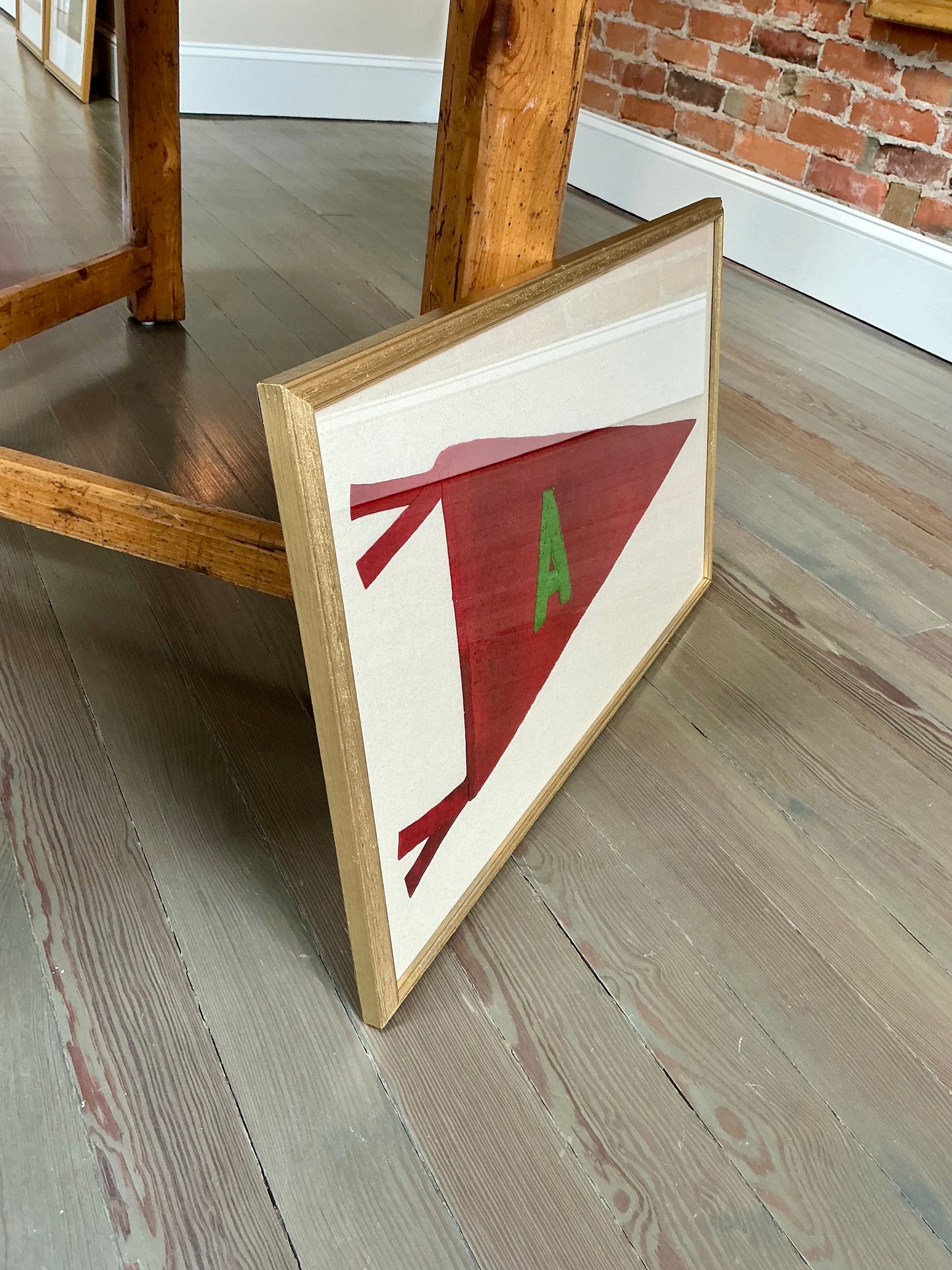 Early 20th Century Wool Felt Initial Pennant Flag "A" on Sail Cloth in Vintage Gold Frame