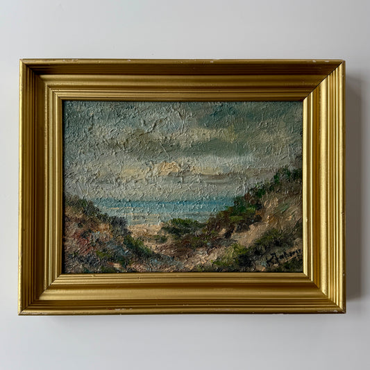 Mid Century Impasto Coastal Beach Landscape Oil Painting in Gold Frame
