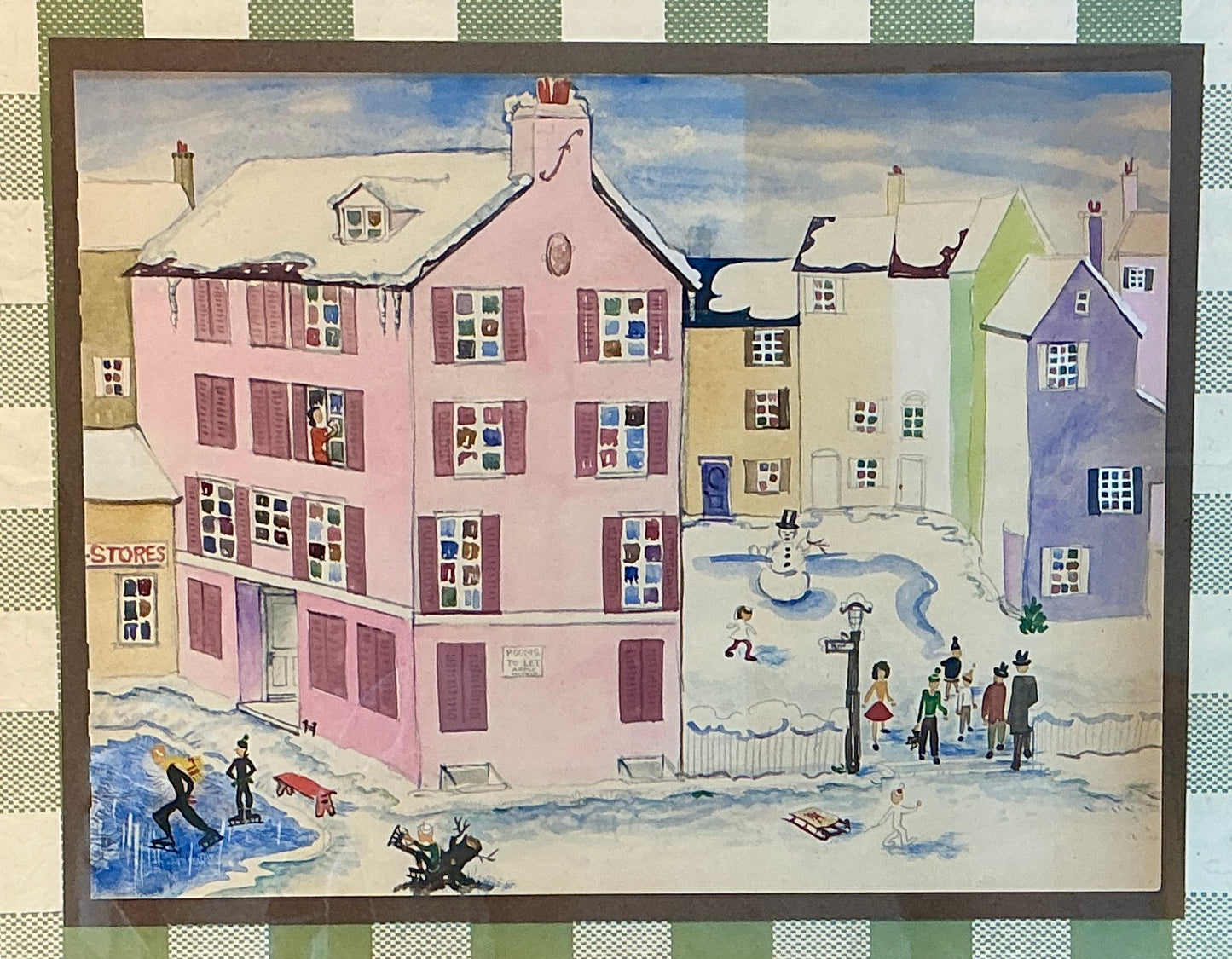 Victoria Donohue Pastel Winter Houses Watercolor Painting on Green Gingham in Gold Frame