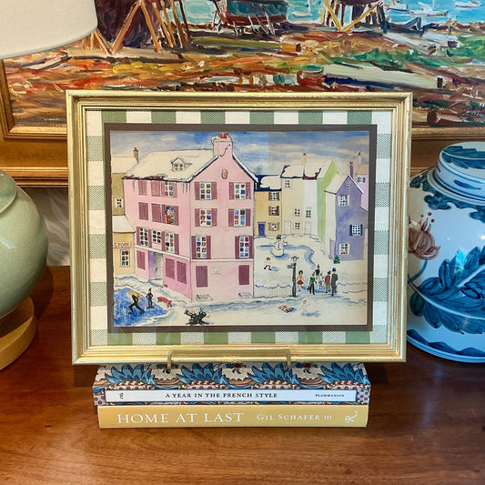 Victoria Donohue Pastel Winter Houses Watercolor Painting on Green Gingham in Gold Frame