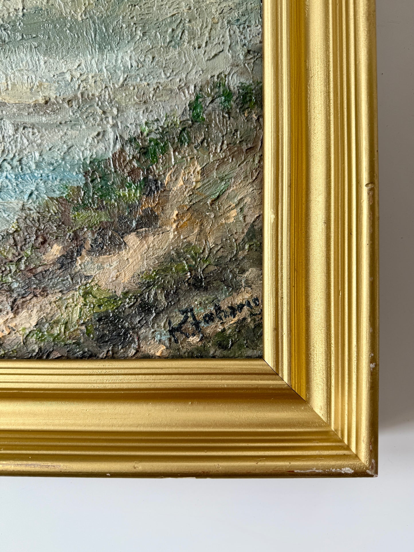 Mid Century Impasto Coastal Beach Landscape Oil Painting in Gold Frame