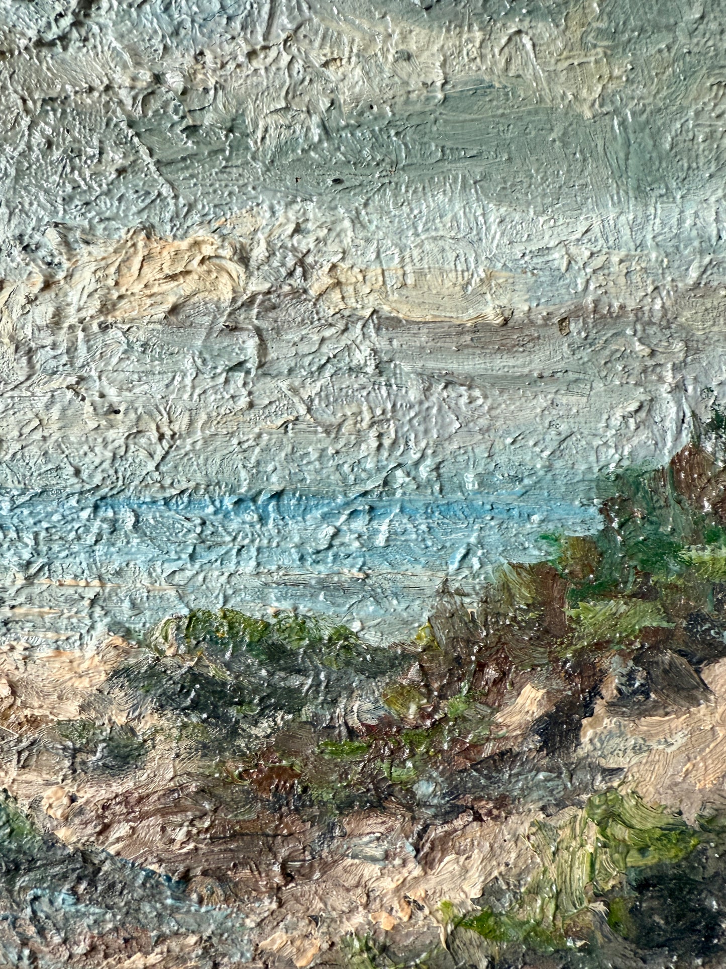 Mid Century Impasto Coastal Beach Landscape Oil Painting in Gold Frame
