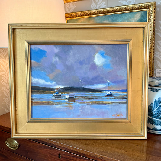 Zlatan Pilipovic Harbor Reflections Seascape Oil Painting in Gold Frame